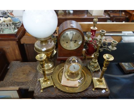 A 1920S MANTEL CLOCK, a pair of brass candlesticks, table lamps and sundries