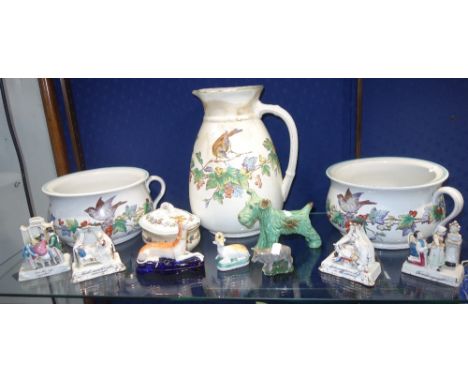 A COLLECTION OF VICTORIAN FAIRINGS, a Staffordshire whippet pen stand, similar ceramic animals and two Victorian chamber pots