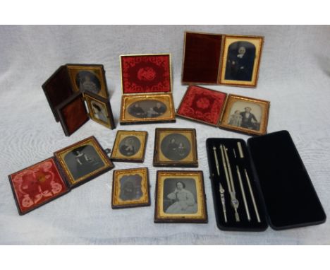 A COLLECTION OF AMBROTYPE PHOTOGRAPHS and a drawing set in a fitted presentation case