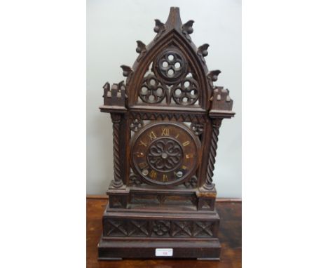 A VICTORIAN GOTHIC OAK MANTEL CLOCK CASE, 51.5cm high (no movement)