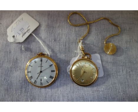 ENICAR: Gold plated pocket watch with manual wind movement, white dial, black Roman numerals, dark blue steel hands and a Buc