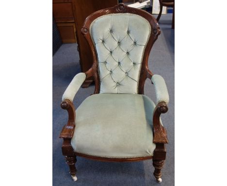 A VICTORIAN WALNUT SHOW FRAME ARMCHAIR, with button velvet upholstery