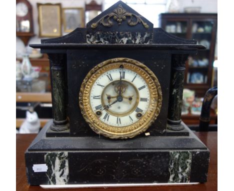 A VICTORIAN SLATE CASED MANTEL CLOCK, 30cm high