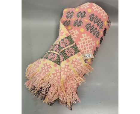 Vintage woollen Welsh tapestry pink ground fringed edge blanket or carthen. (B.P. 21% + VAT)  No obvious damage.  235x208cm a