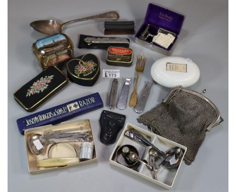 Box of oddments to include: 19th century silver spoon (2 troy oz approx. ), silver napkin ring, vintage razors, mesh purse, p