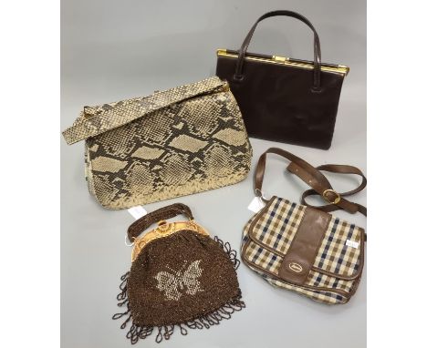 Collection of four vintage handbags to include: an early 20th Century beaded bag with butterfly design and faux ivory clasp, 