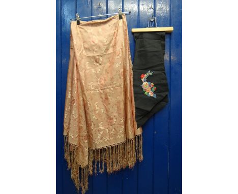 Vintage blush pink damask floral pattern shawl with fringed edge, together with a black crepe scarf with floral detail to the