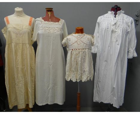 Collection of late 19th/early 20th Century clothing to include: broderie anglaise cotton bedgown, a child's embroidered dress