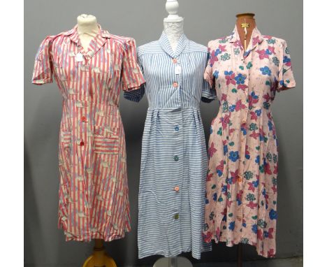 Three vintage 1940's/50's shirtwaister dresses; a cotton striped, a linen striped dress and a floral cotton print. (3) (B.P. 