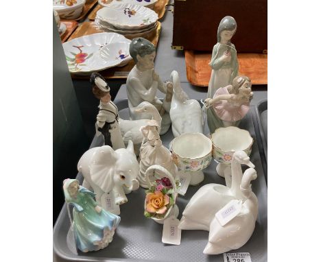 Tray of ceramics to include: Lladro and Nao figurines, Coalport bone china 'Bonnie Lass' figurine, Moments by Coalport 'Toget