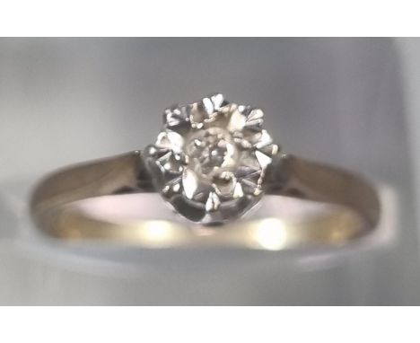 Gold diamond solitaire ring.  Indistinct hallmarks and carat size.  1.9g approx.  Size J1/2.  (B.P. 21% + VAT) 