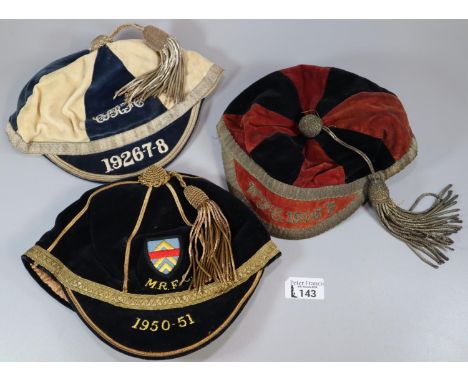 Three vintage sporting rugby/football honours caps dated 1906-7, 1926-7 and 1950-51.   (B.P. 21% + VAT) 