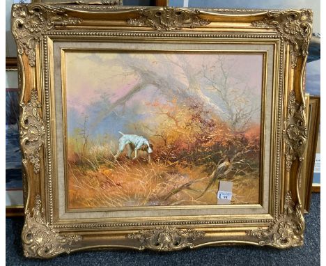 Eugene Kingman (1909-1975), pointer flushing a cock pheasant, signed.  Oils on canvas.  40x50cm approx.  Framed.  Continental