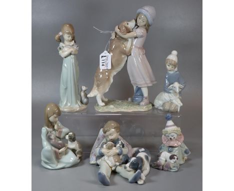 Collection of Lladro Spanish porcelain figurines and figure group with animals: cats, dogs, Pierrot clown etc. (6) (B.P. 21% 