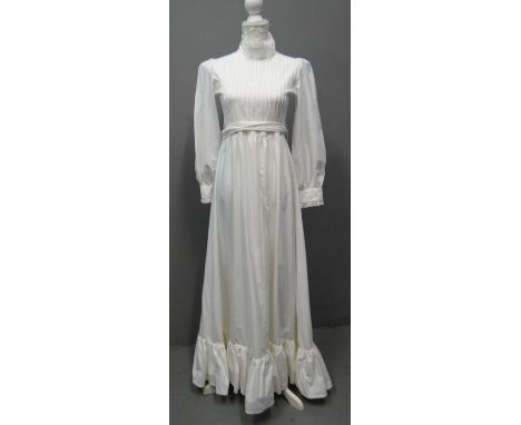 Vintage early 70's full length cotton Laura Ashley maxidress with long sleeves, tiered skirt, tie belt and lace trim. (B.P. 2