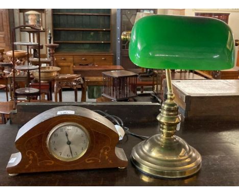 Modern brass banker's/desk lamp with green glass shade together with an Edwardian mahogany inlaid mantle clock.  (2)   (B.P. 