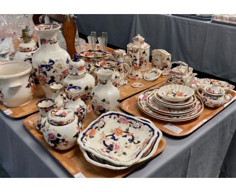 Four trays of Masons Ironstone 'Mandalay' design items to include: pouch shaped dresser jugs, mantle clock, tea caddy, candle