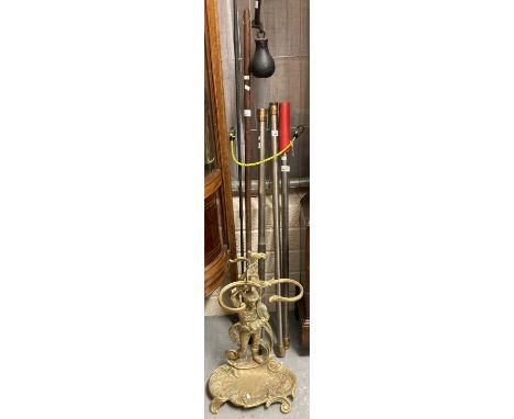 Art Nouveau design gilt metal figural stick/umbrella stand, together with some core samples, butcher's weights/scales etc.  (