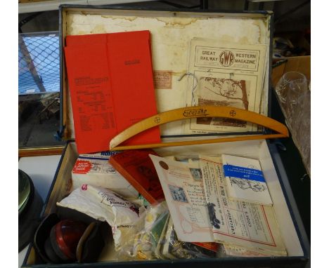Box of ephemera and other items to include: spare car warning light in case, box of Airfix polystyrene adhesive, postcards, C
