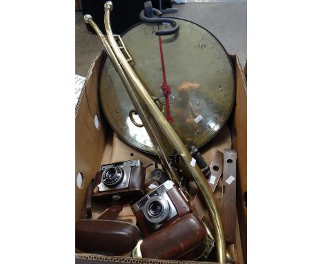 Box of assorted items to include: brass haines, vintage cameras; Ilford Sportsman Prontor 125 and Zeiss Ikon Pronto-LK in lea