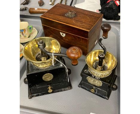 George III rosewood tea caddy together with two vintage style coffee grinders.  (3)  (B.P. 21% + VAT) 