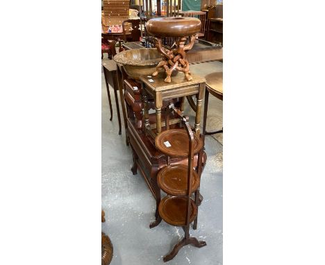 Collection of furnishing items to include: Edwardian three tier folding cake stand, Chinese style marble top hardwood corner 