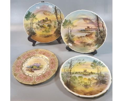 Four Royal Doulton hand painted cabinet plates depicting various castles including: Dunolly Castle, signed C Holloway, Pembro