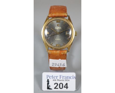 Cyma Navystar automatic gold plated gentleman's wristwatch with Baton numerals, sweep seconds hands and date aperture, on lea