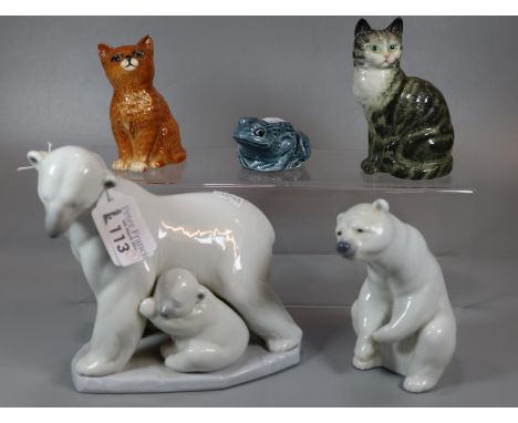 Collection of ceramic and porcelain animals to include Lladro Polar Bears, Beswick cats and a Poole Pottery frog.  (5)  (B.P.