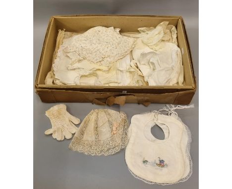 Box of vintage children's and babies fashion accessories to include: lace and embroidered bonnet, printed floral bonnet, baby