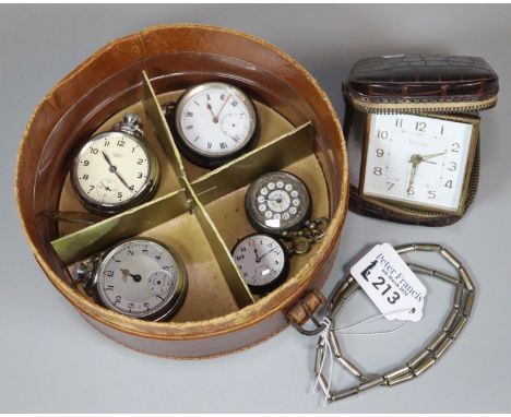 Group of assorted silver and other open faced pocket watches and fob watches together with a Estyma travelling alarm clock.  