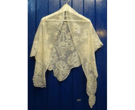 Vintage early 20th Century tulle and embroidered shawl, together with a sheer cotton lappet or shawl with embroidery and lace