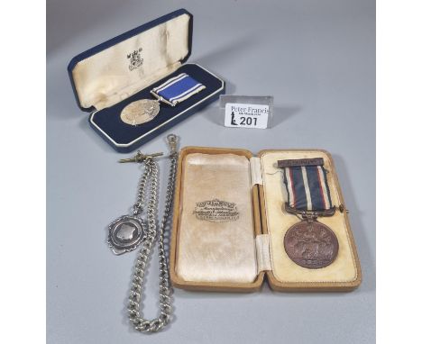 Silver curb link T bar pocket watch chain with silver fob together with a Police Long Service and Good Conduct medal in origi