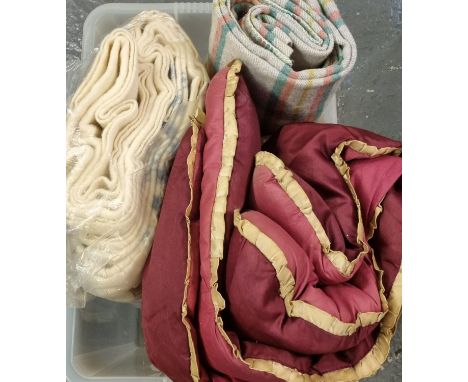 Box of textiles to include: two vintage woollen blankets; one check, one striped with 'For Warmth & Durability' label, a vint