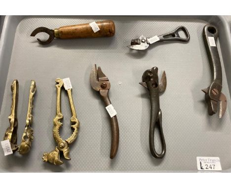 Vintage can openers: one in the form of a bull's head, brass nut crackers etc.  (7)  (B.P. 21% + VAT) 