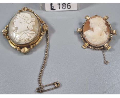 9ct gold Cameo portrait brooch together with an other cameo brooch marked 'R G'.  (2)  (B.P. 21% + VAT) 