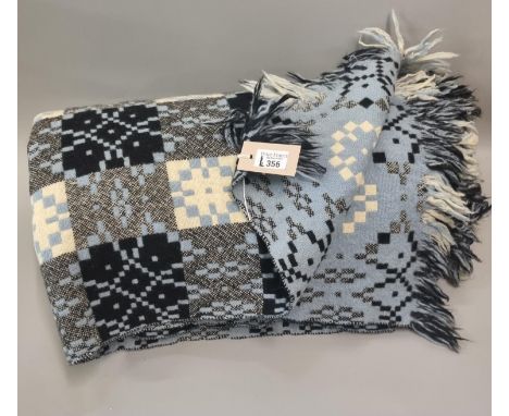 Vintage woollen Welsh tapestry black and white ground fringed edge blanket or carthen. (B.P. 21% + VAT)  Bit over-washed, oth