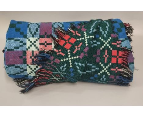 Vintage woollen Welsh tapestry blue ground fringed edge blanket or carthen. (B.P. 21% + VAT)  Fringe and edge damaged, some m