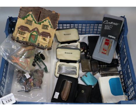 Plastic box of items to include: Dr Barnardo's Homes moneybox, wooden jigsaw piece, lead figurines etc. together with collect
