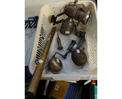 Box of vintage bicycle accessories to include: bells, Earnest Hill bicycle pump, Cyclo spoke threading machine, small handleb