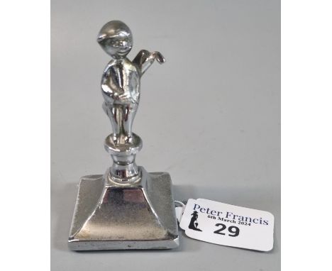Vintage chrome plated car mascot in the form of a golfer with his golf bag and club.  8.5cm high approx.  (B.P. 21% + VAT) 