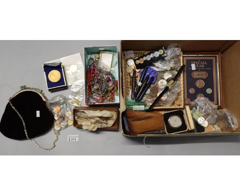 Box of oddments to include: costume jewellery, various coins, fountain pens with 14K nibs, vintage spectacles etc.  (B.P. 21%