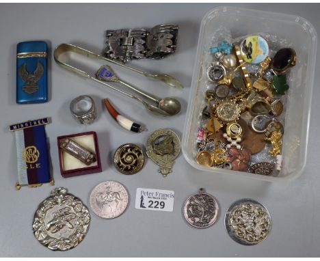 Collection of items to include: miniature Hohner harmonica, Audentes Fortuna Juvat badge, GB coins, tongs, green hardstone ma