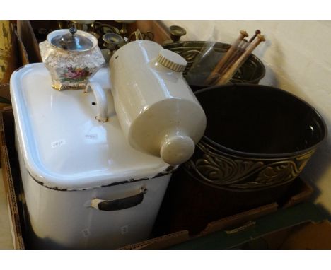 Box containing an enamelled metal bread bin, two metal stick stands, stoneware hot water bottle, dressing table mirror, chamb