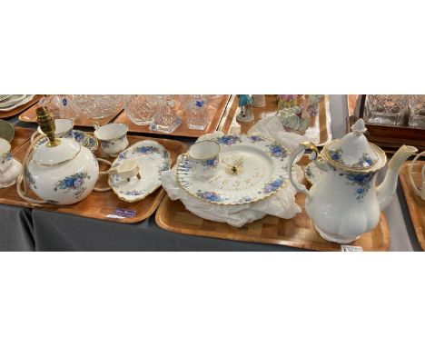 Two trays of Royal Albert bone china 'Moonlight Rose' design items to include: teapot, cups, saucers, wall clock, baluster ta