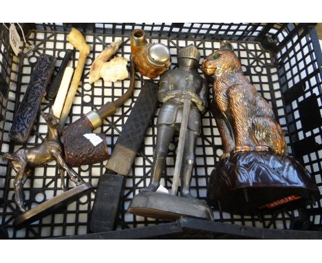 Box of smoking accessories and other items to include: pipes, cheroot holder in case, model of a foal, Thomas Ward straight r