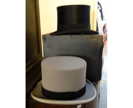 Vintage hat box containing a Henry Heath Ltd fur felt top hat, together with a grey Woodrow of Piccadilly London felt top hat