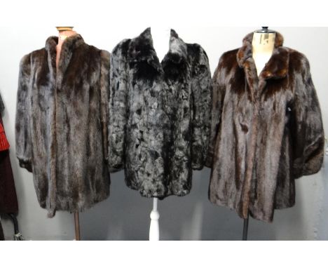 Three dark brown/black vintage fur coats or jackets including; two ranch mink fur jackets; one labelled London MLG and the ot
