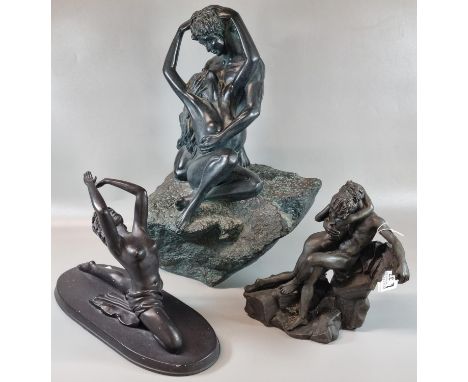 Collection of modern bronze figure group and art sculptures, two of nude loving couples, the other a nude Art Nouveau design 