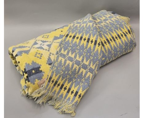 Vintage woollen Welsh tapestry yellow ground fringed edge blanket or carthen. (B.P. 21% + VAT)  No obvious damage.  203x179cm